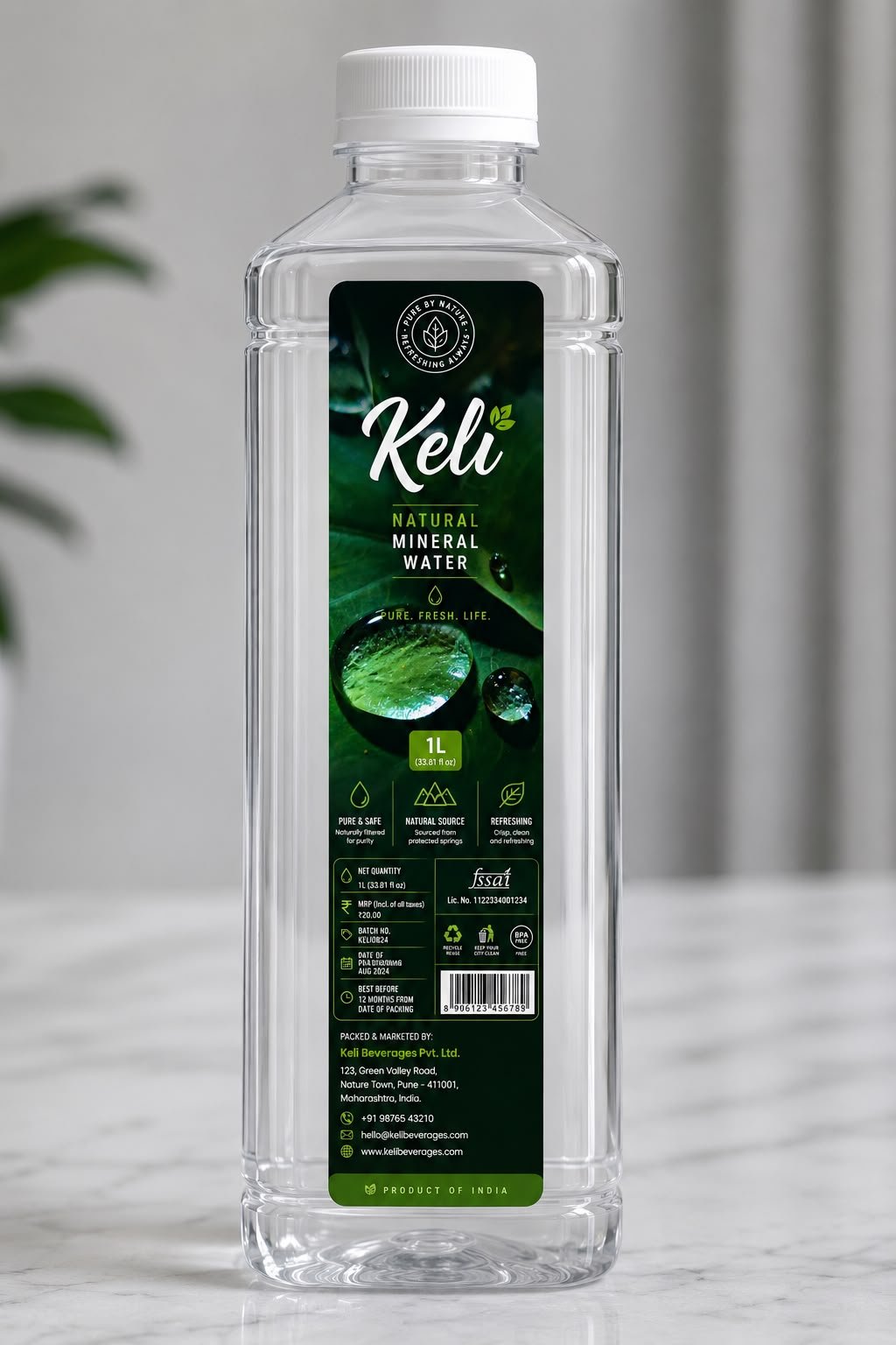 Keli one litre packaged drinking water bottle